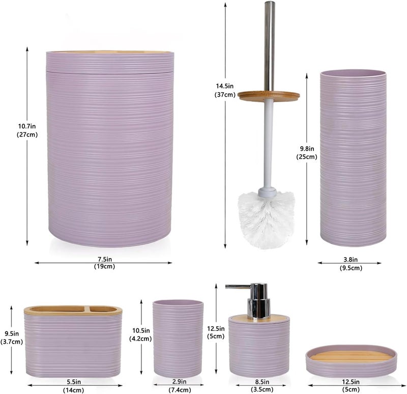 CERBIOR Bathroom Accessories Set 6 Piece Bamboo Bath Ensemble Includes Soap Dispenser  Toothbrush Holder  Toothbrush Cup  Soap Dish for Decorative Countertop and Housewarming Gift  Sriral Purple - Image 3